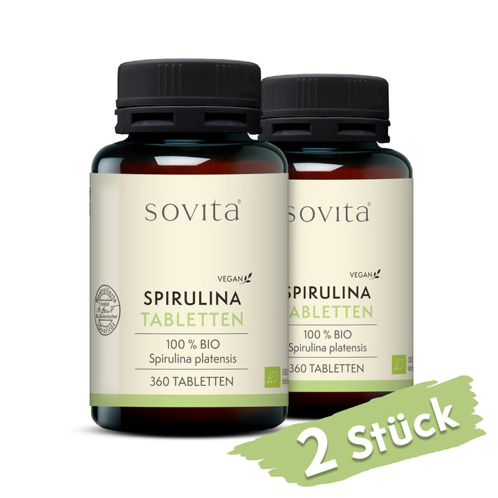 Zwei Dosen Sovita Spirulina Tabletten aus Kunststoff nebeneinander mit dem Hinweis „2 Stück“.