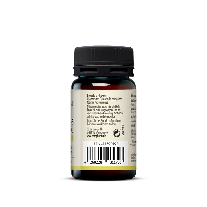 Rückseite der Dose sovita Omega-3 Fischöl Kapseln mit Barcode und Herstellerangaben