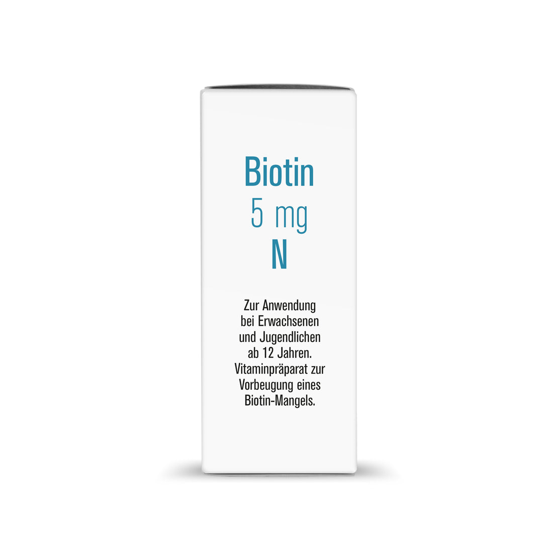 Zweite Seitenansicht der Verpackung mit identischem Text zur Anwendung ab 12 Jahren bei Biotin-Mangel.