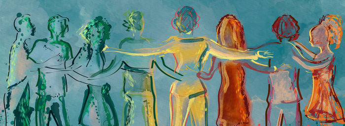 Eine Zeichnung von verschiedenen Personen, welche sich in den Armen halten.