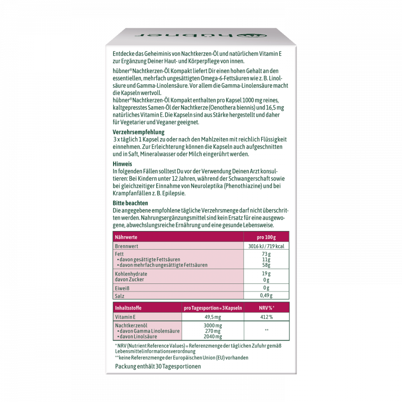 Hübner Nachtkerzen Öl Kompakt 1000 mg (90 Stk.)