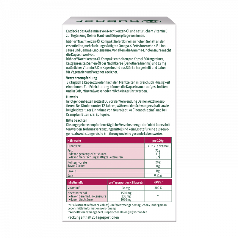Hübner Nachtkerzen Öl Kompakt 500 mg (60 Stk.)