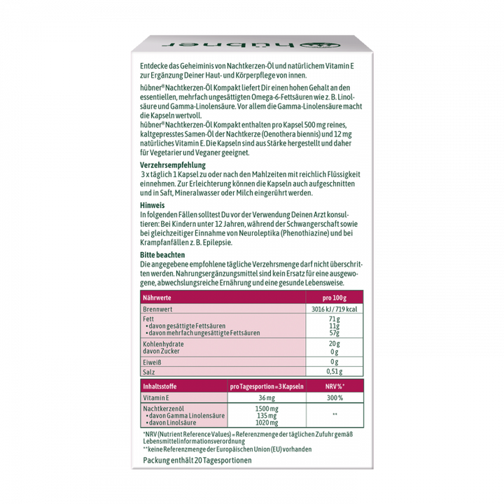 Hübner Nachtkerzen Öl Kompakt 500 mg (60 Stk.)