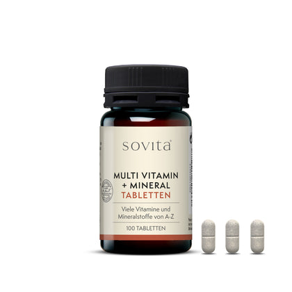 Braune Dose sovita Multi Vitamin + Mineral Tabletten mit drei beigen Tabletten auf weißem Hintergrund