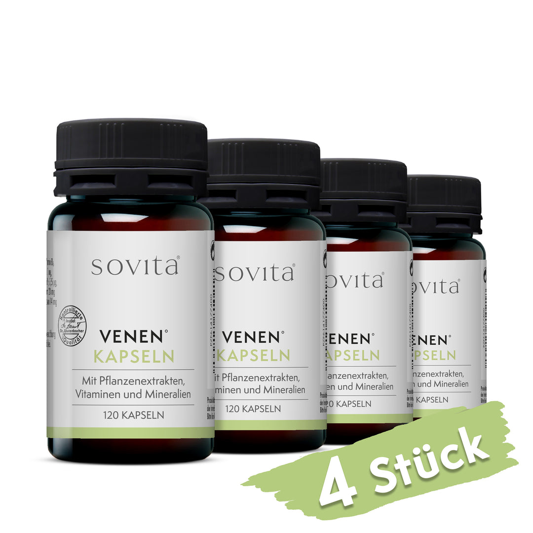 Vier Dosen sovita Venen Kapseln nebeneinander mit dem Hinweis „4 Stück“