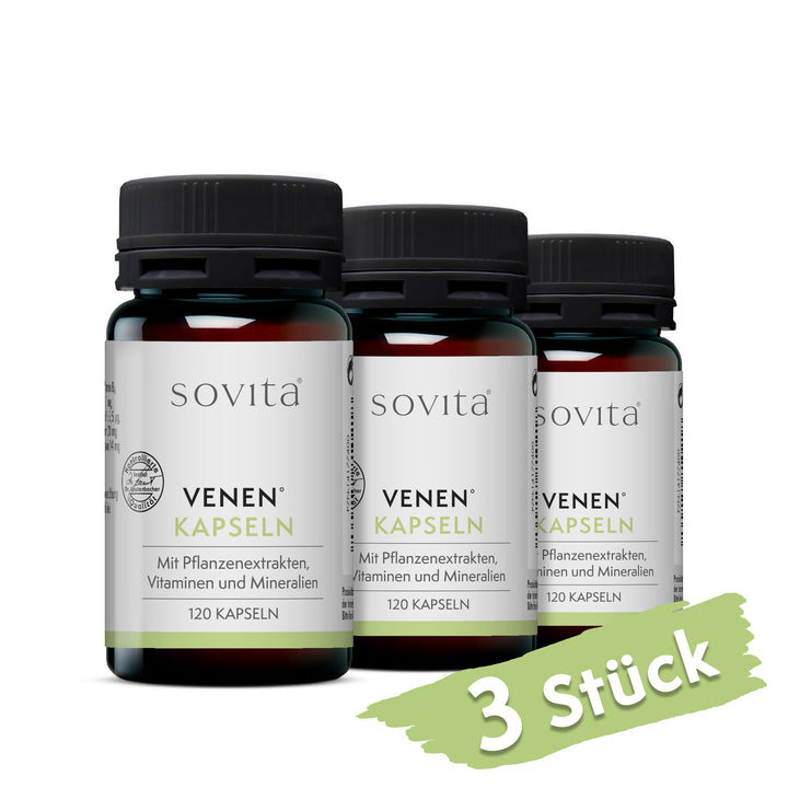 Drei Dosen sovita Venen Kapseln nebeneinander mit dem Hinweis „3 Stück“