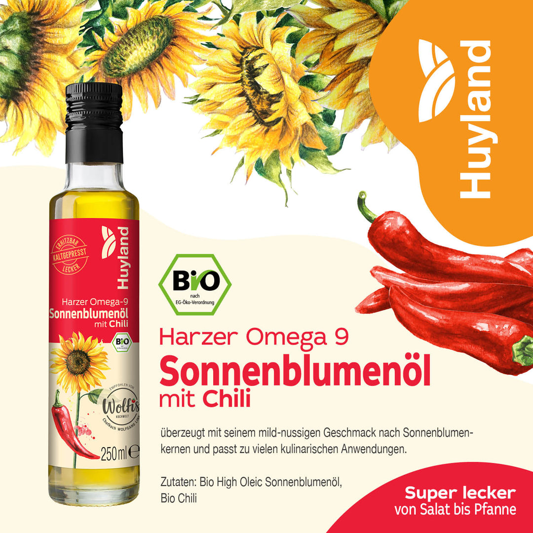 Huyland Harzer Bio Sonnenblumenöl mit Chili (250 ml)