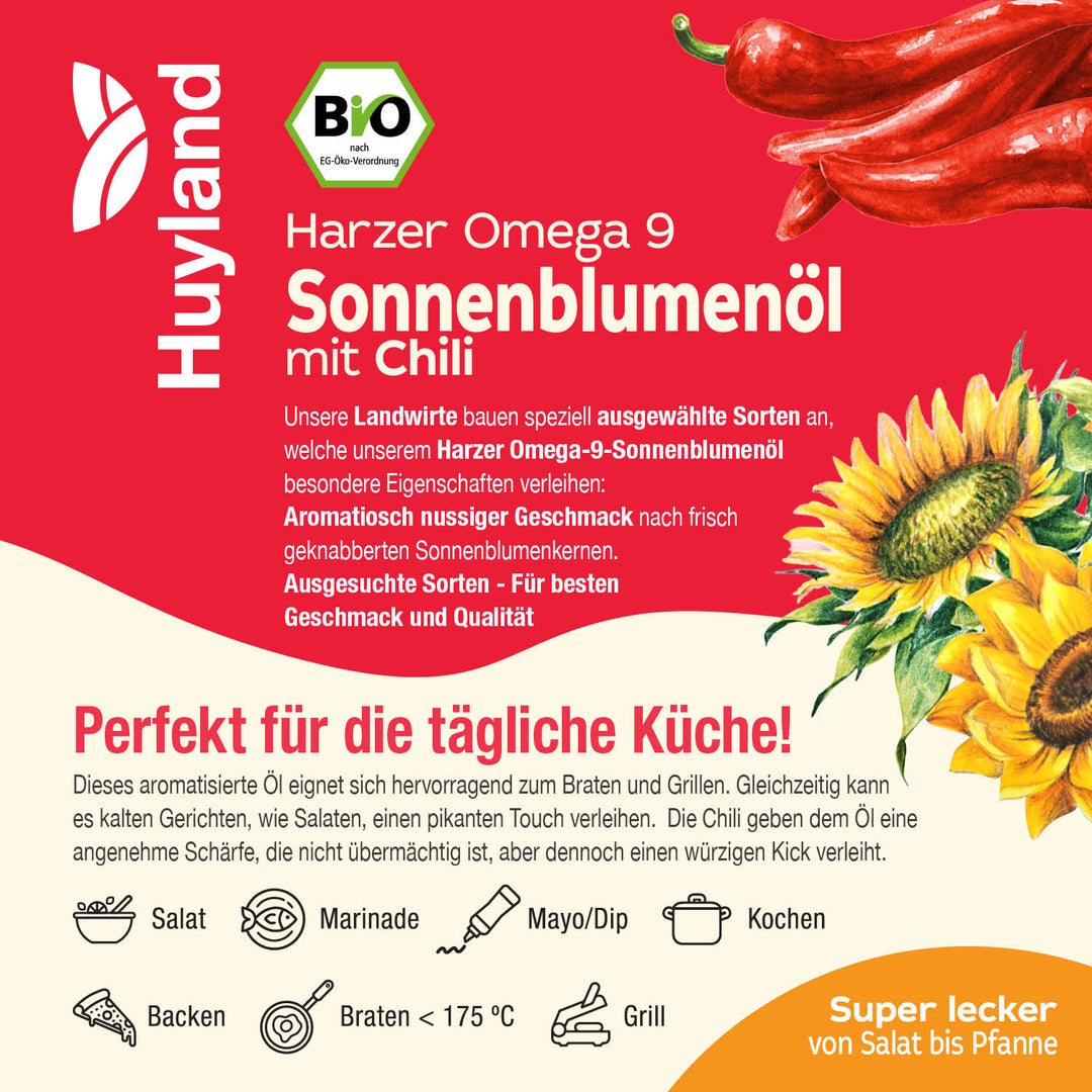Huyland Harzer Bio Sonnenblumenöl mit Chili (250 ml)