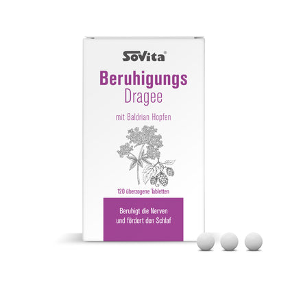 Vorderseite der Verpackung sovita Beruhigungs Dragee mit Hinweis „Beruhigt die Nerven und fördert den Schlaf“ und drei Tabletten vorne