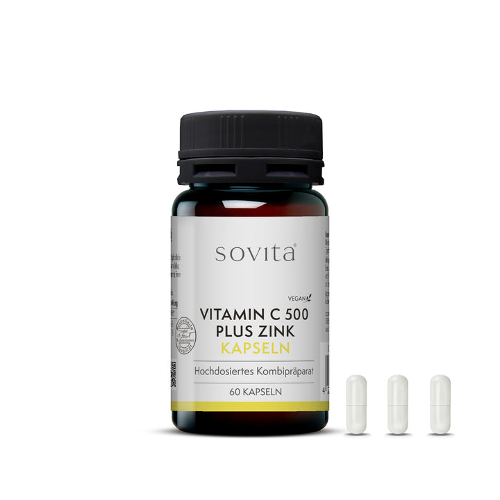 Sovita Vitamin C 500 plus Zink Kapseln – Kunststoffdose mit drei weißen Kapseln im Vordergrund, 60 Kapseln pro Dose.