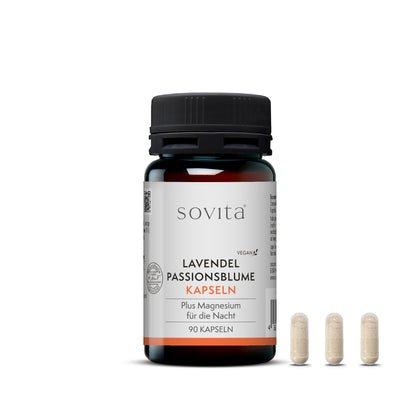 Dose sovita Lavendel Passionsblume Kapseln mit drei Kapseln daneben