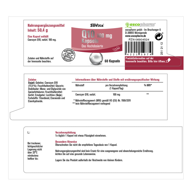 sovita Q10 100 mg Kapseln - Verpackungsetikett mit Angaben der Zutaten, Nährstoffe und Stoffe mit ernährungsspezifischer Wirkung